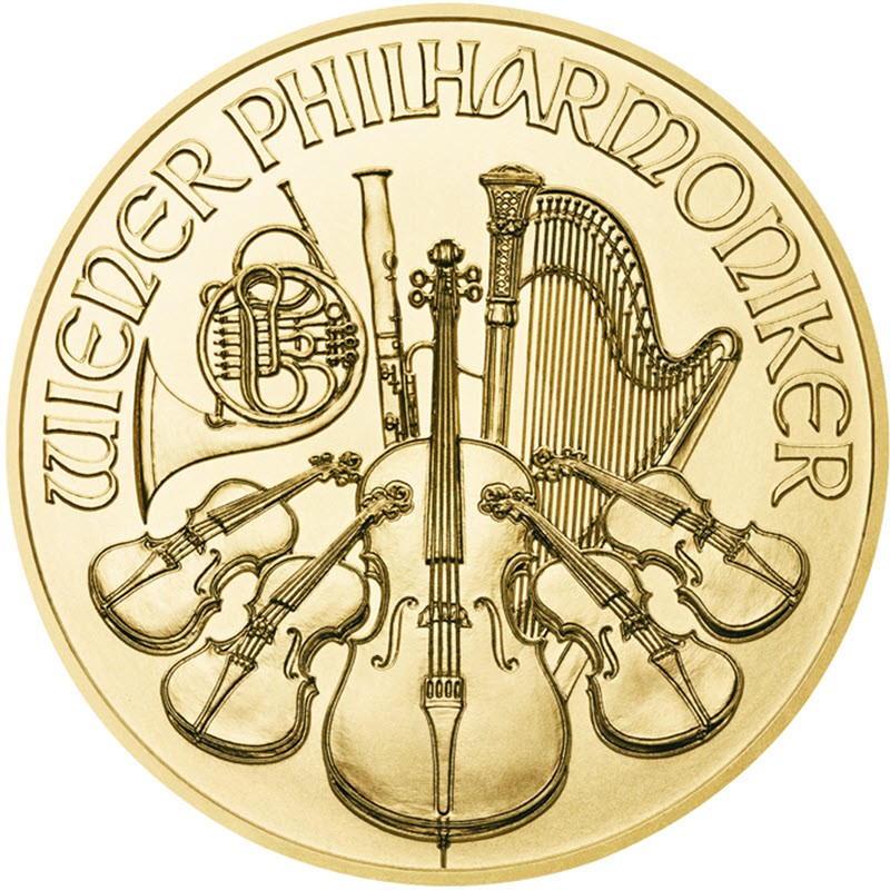 Золотая инвестиционная монета Австрии Венский Филармоникер 2023-2024 г.в., 31.1 гр чистого золота (Проба 0,9999)