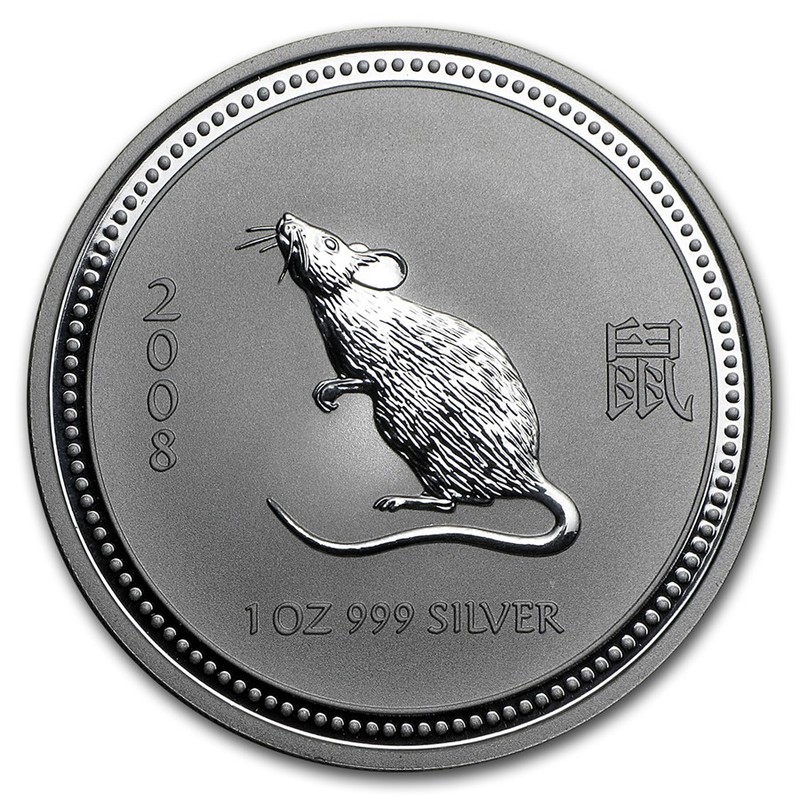 Серебряная монета Австралии "Год Крысы" 2008 г.в., 31.1 г чистого серебра (Проба 0,999)