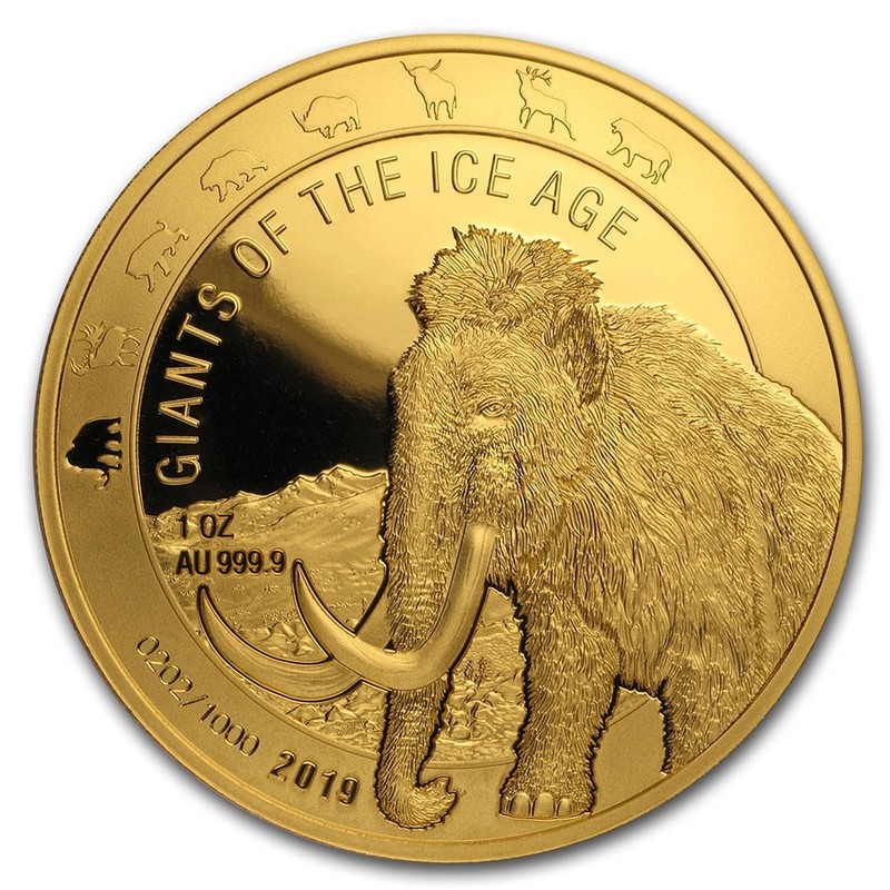 Золотая монета Ганы "Мамонт" 2019 г.в. (пруф), 31.1 г чистого золота (Проба 0,9999)