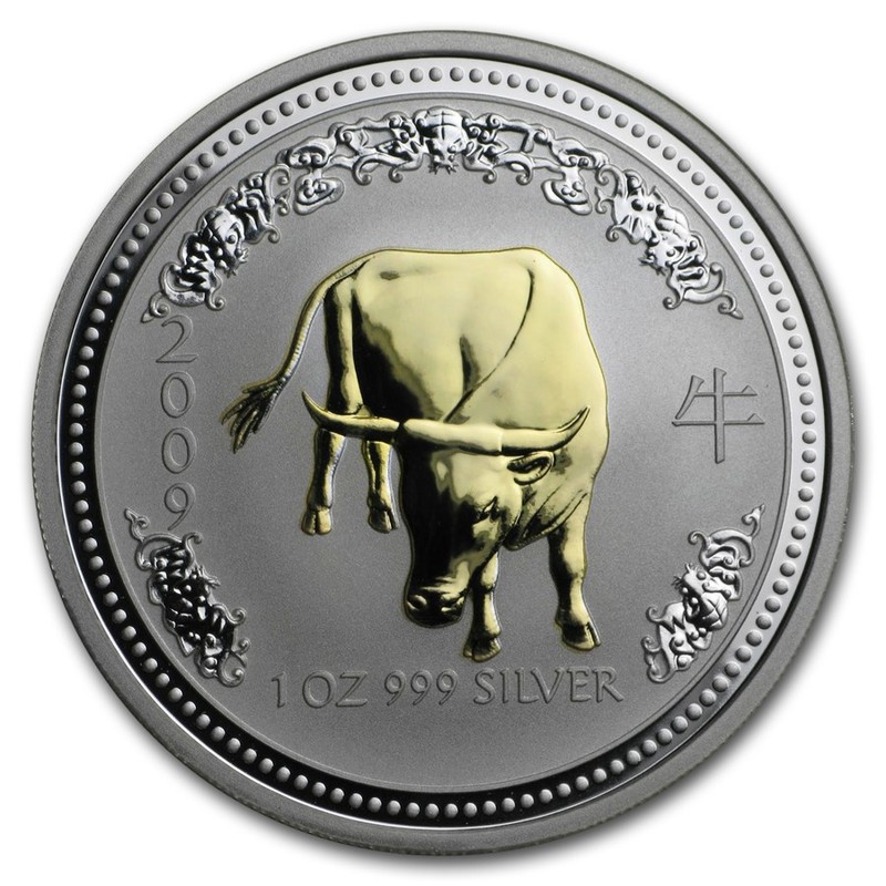 Серебряная монета Австралии "Лунный календарь - Год Быка" 2009 г.в. (с позолотой), 31.1 г чистого серебра (проба 0,9999)