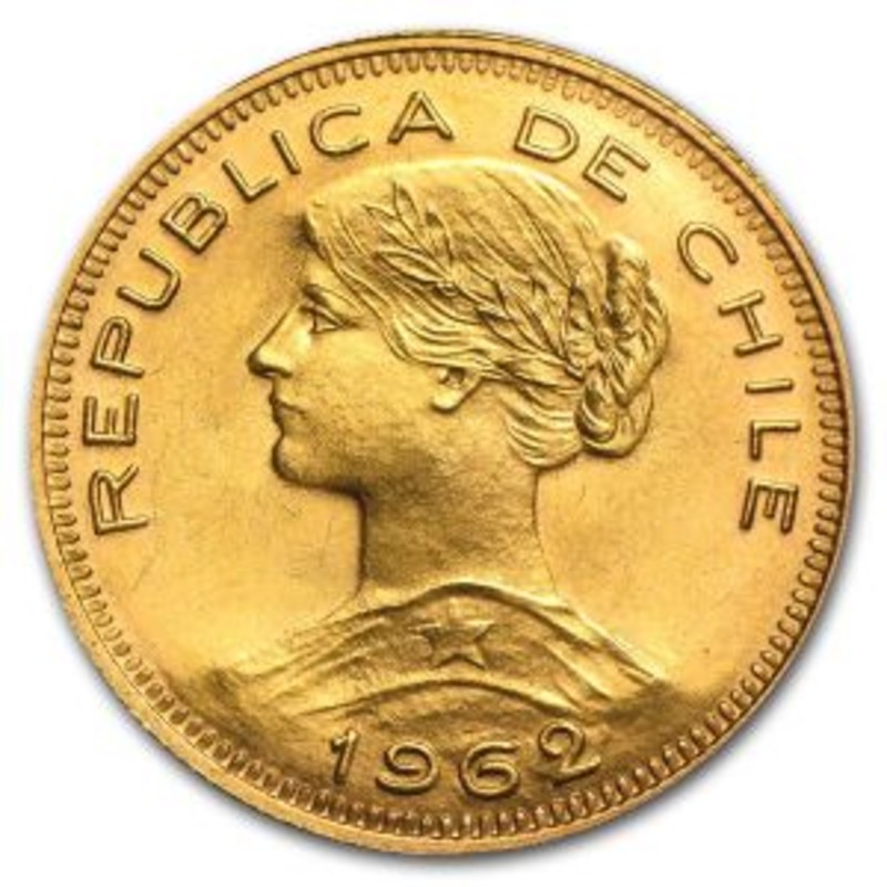 Золотая монета Чили 100 песо, 18.31 г чистого золота (Проба 0,900)