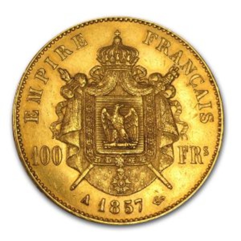 Золотая монета 100 франков Наполеона III (29,03 г чистого золота, проба 0,900)
