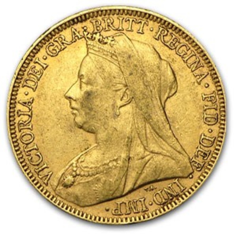 Золотая монета Великобритании "Соверен королевы Виктории "в платке "(1893-1901 г.г.), 7.32 г чистого золота