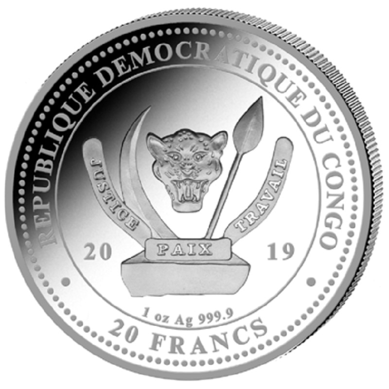 Серебряная монета Конго "Мир дикой природы. Жираф"  2019 г.в., 31.1 г чистого серебра (проба 0.9999)