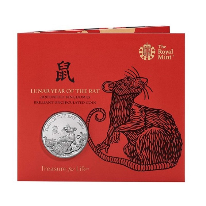 Медно-никелевая монета Великобритании "Год Крысы" 2020 г.в. в подарочной открытке.