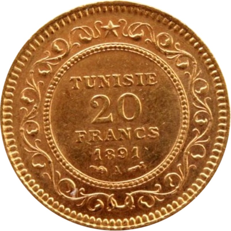 Золотая монета Туниса 20 франков, 5,81 гр. чистого золота (проба 0,900)