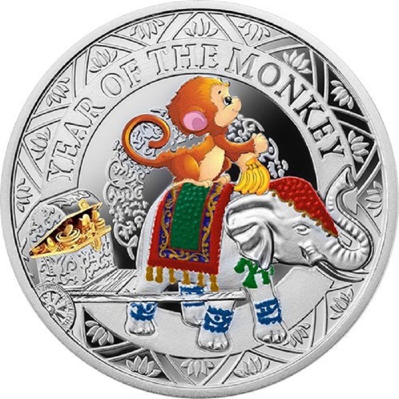 Серебряная монета Ниуэ "Год Обезьяны" 2016 г.в. (с цветным изображением), 16.81 г чистого серебра (Проба 0,999)