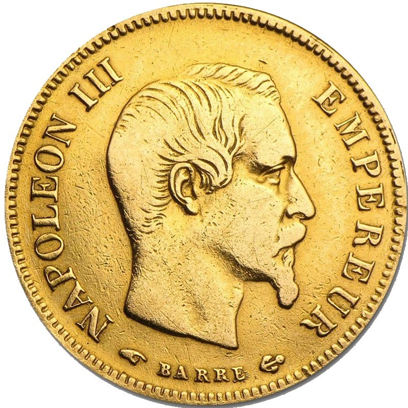 Золотая монета 10 франков Наполеона III (2,9 г чистого золота, проба 0,900)