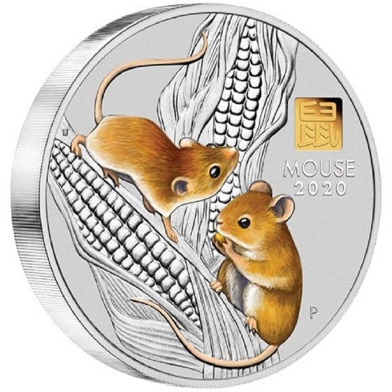Серебряная монета Австралии "Лунный календарь III - Год Крысы", 2020 г.в. (с золотым иероглифом), 1000 г чистого серебра (проба 0,9999)
