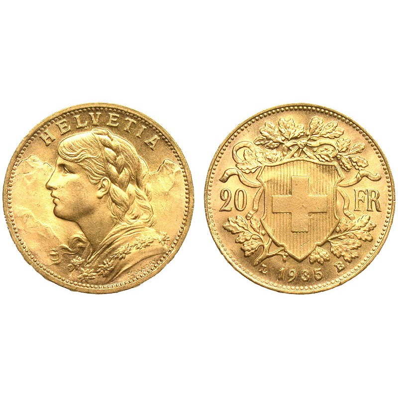 Золотая монета 20 франков Швейцарии (5.81 г чистого золота, проба 0.900)
