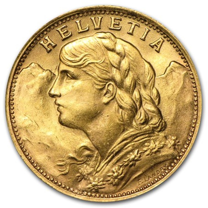 Золотая монета 20 франков Швейцарии (5.81 г чистого золота, проба 0.900)