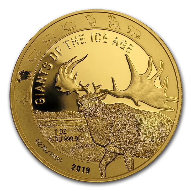 Золотая монета Ганы "Гигантский олень" 2019 г.в. (пруф), 31.1 г чистого золота (Проба 0,9999)