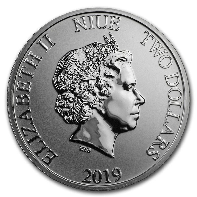 Серебряная монета Ниуэ «Рождественский Микки Маус» 2019 г.в., 31.1 г чистого серебра (проба 0.999)