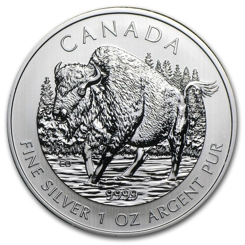 Серебряная монета Канады «Лесной Бизон» 2013 г.в., 31.1 г чистого серебра (проба 0,9999).