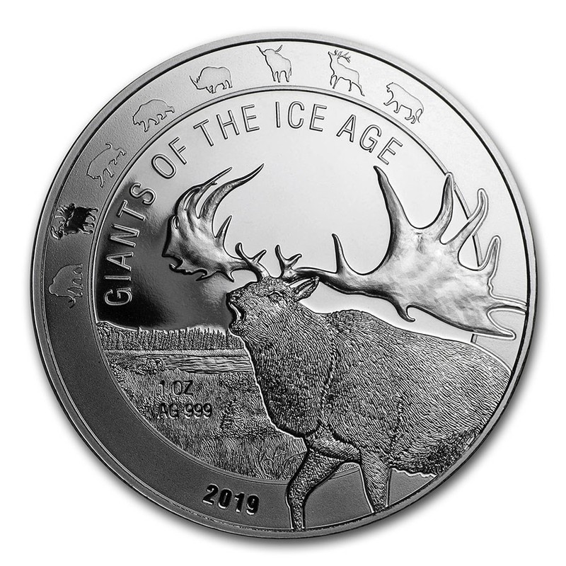 Серебряная монета Ганы "Гигантский олень" 2019 г.в., 31.1 г чистого серебра (Проба 0,999)