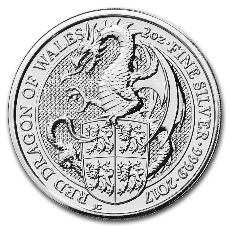 Серебряная монета Великобритании «Красный Дракон» 2017 г.в., 62.2 г чистого серебра (проба 0.9999)
