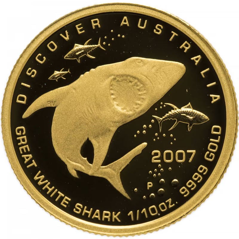 Золотая монета Австралии "Открой Австралию. Большая белая акула" 2007 г.в., 3.11 г чистого золота (проба 0.9999)