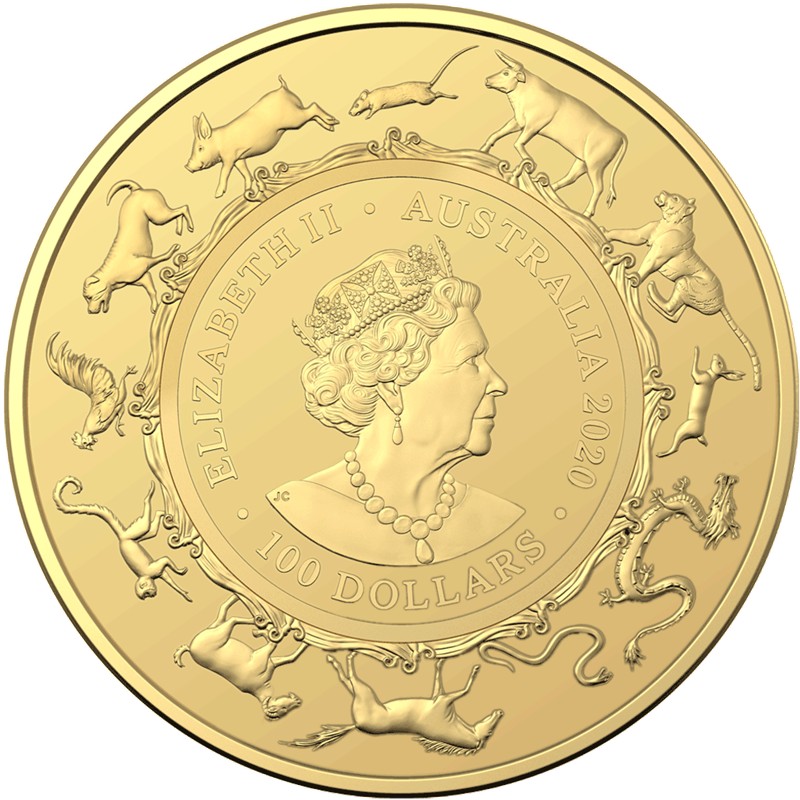 Золотая монета Австралии - Год Крысы, 2020 г.в. (Королевский Монетный Двор), 31.1 г чистого золота (Проба 0,9999)
