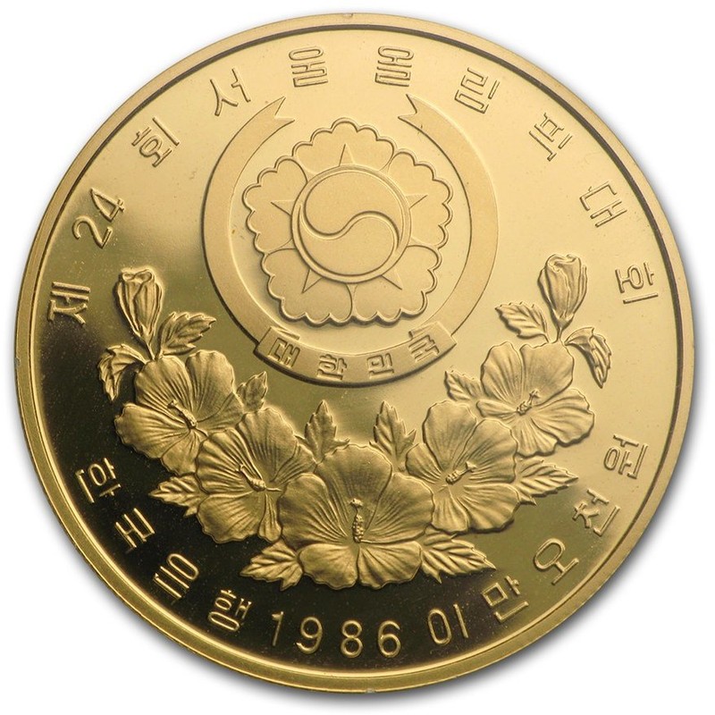 Золотая монета Южной Кореи «XXIV Олимпиада в Сеуле. Народные танцы» 1986 г.в., 15.55 чистого золота (проба 0.925)