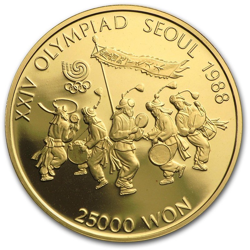 Золотая монета Южной Кореи «XXIV Олимпиада в Сеуле. Народные танцы» 1986 г.в., 15.55 чистого золота (проба 0.925)