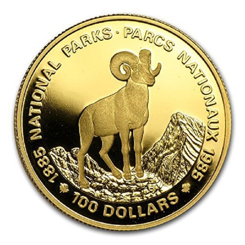 Золотая монета Канады "100 лет Национальным паркам Канады. Снежный баран" 1985 г.в., 15.55 г чистого золота (Проба 0,917)