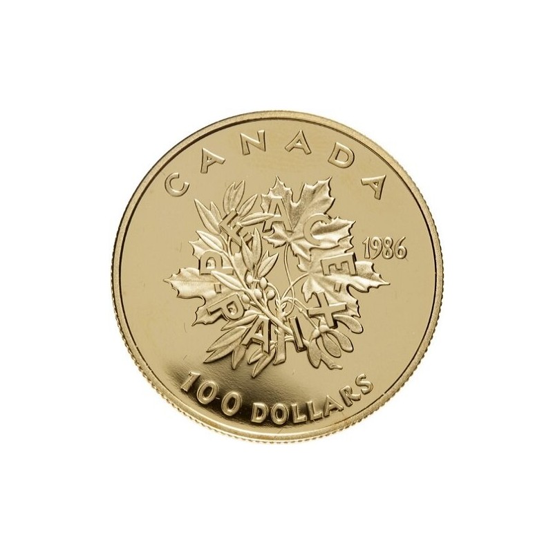 Золотая монета Канады "Международный год мира" 1986 г.в., 15.55 г чистого золота (Проба 0,917)