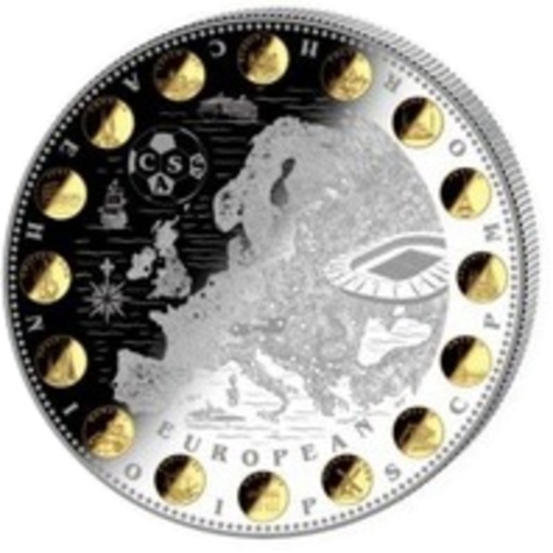 Набор монет Либерии «Чемпионат Европы по футболу 2008» 2008 г.в., 1000 г чистого серебра и 16 х 0.5 г чистого золота (проба 0.9999)