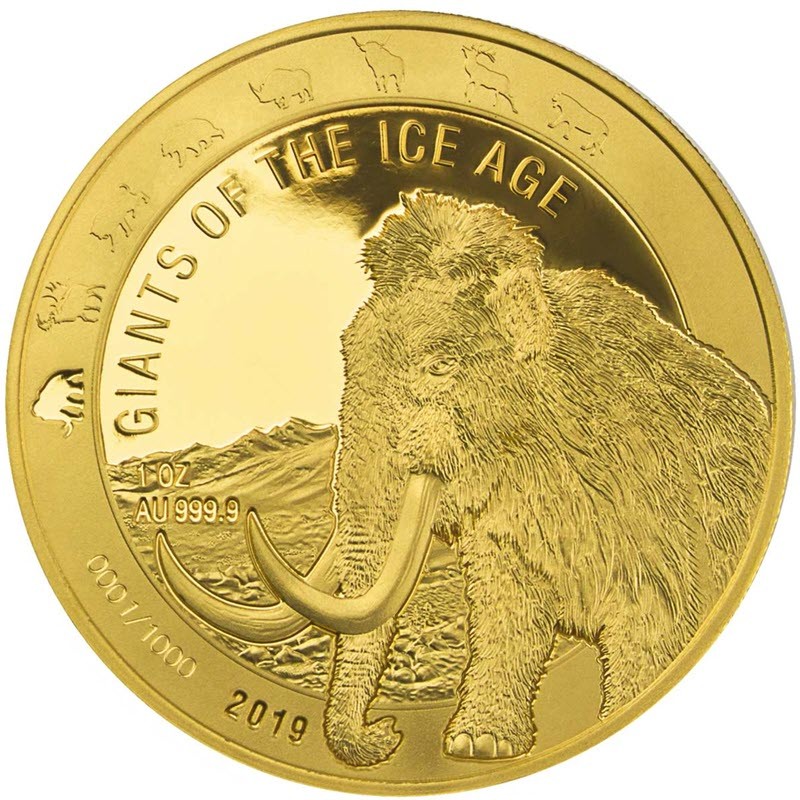 Комиссия: Золотая монета Ганы «Мамонт» из серии «Гиганты Ледникового периода» 2019 г.в., 31.1 г чистого золота (проба 0,9999)
