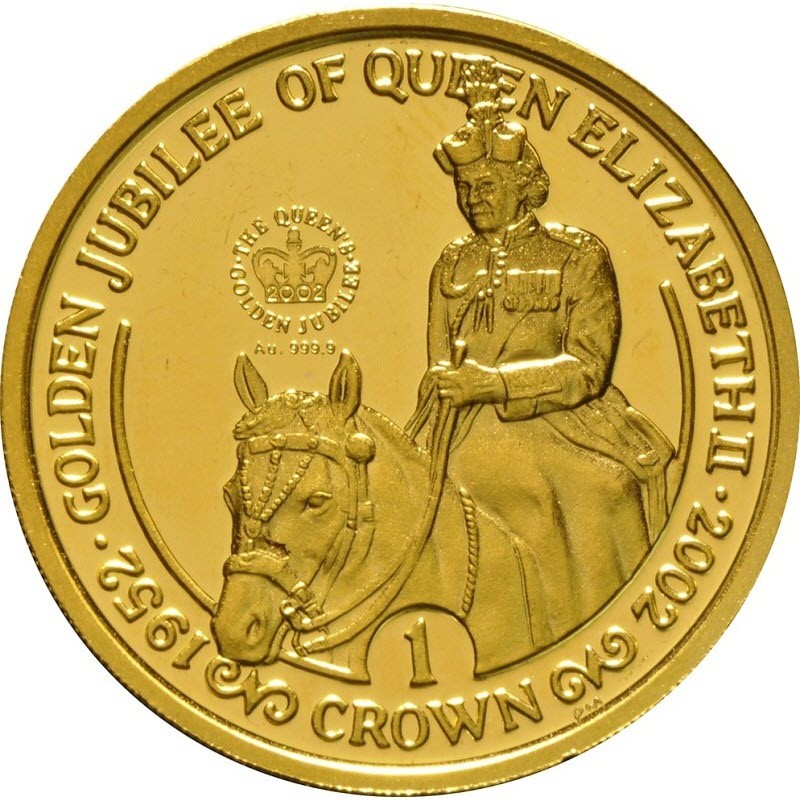 Комиссия: Золотая памятная монета Острова Мэн " Золотой юбилей правления Елизаветы II" 2002 г.в., 31.1 г чистого золота (проба 0,999)