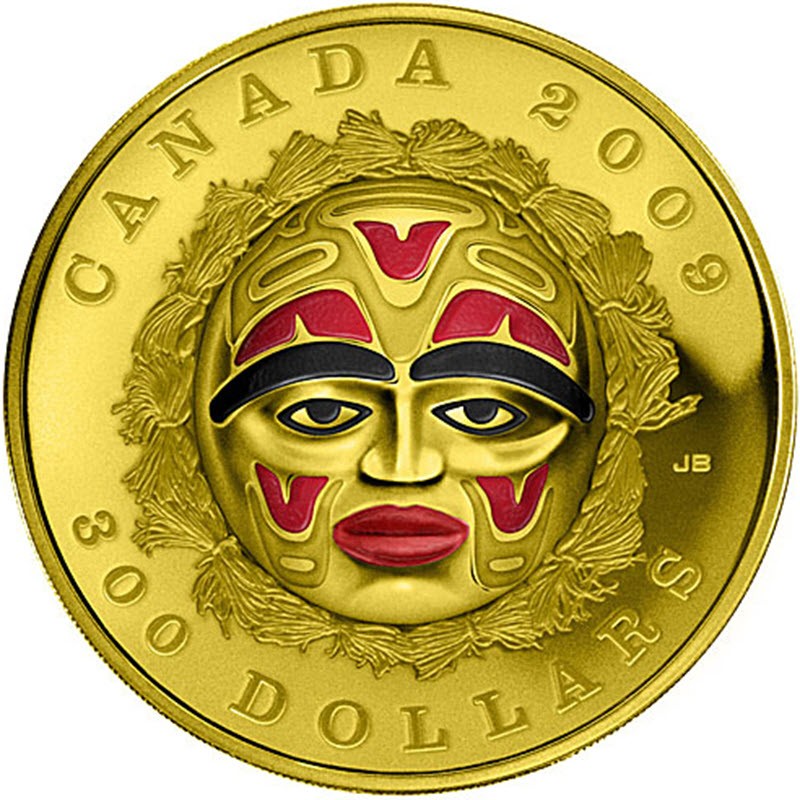 Комиссия: Золотая памятная монета Канады «Маска Луны – Лето» 2009 г.в., 35 г чистого золота (проба 0.583)
