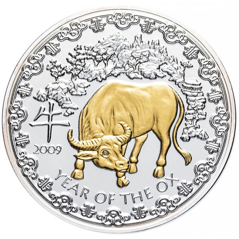 Серебряная монета Руанды "Год Быка" 2009 г.в., 93.3 г чистого серебра (Проба 0.925)