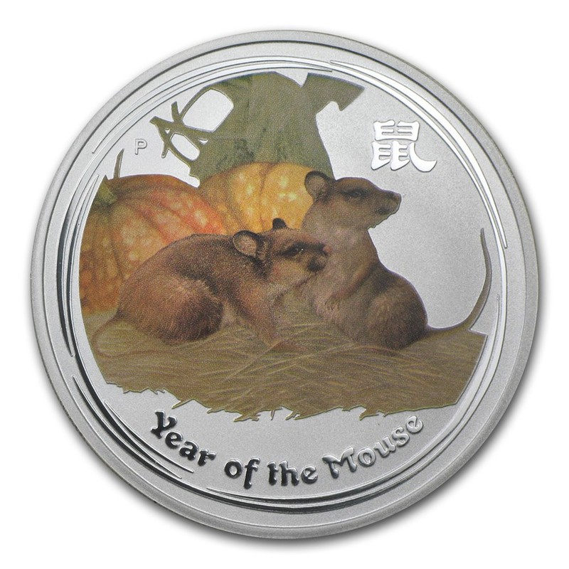 Серебряная монета Австралии "Год Крысы (Мыши)" 2008 г.в. (с цветным изображением), 31.1 г чистого серебра (Проба 0,999)