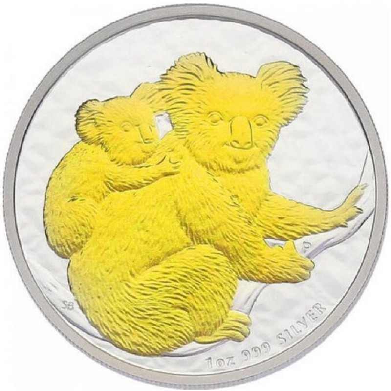 Серебряная монета Австралии "Коала" (с позолотой), 2008 г.в., 31.1 г чистого серебра (Проба 0,999)