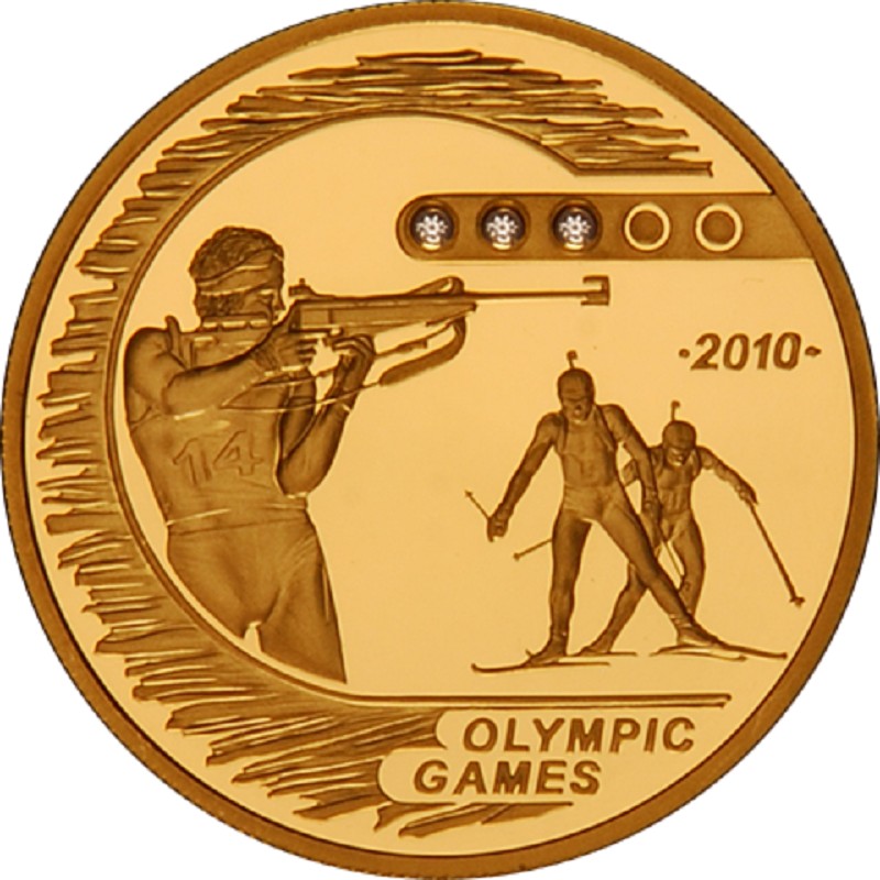 Золотая монета Казахстана "Олимпийские Игры - 2010. Биатлон" 2009 г.в., 7.78 г чистого золота (Проба 0,999)