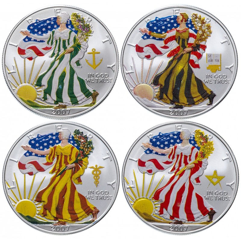 Набор из 4-х серебряных монет США "Американский Орел / Времена года" 2007 г.в., 4*31.1 г чистого серебра (Проба 0,999)