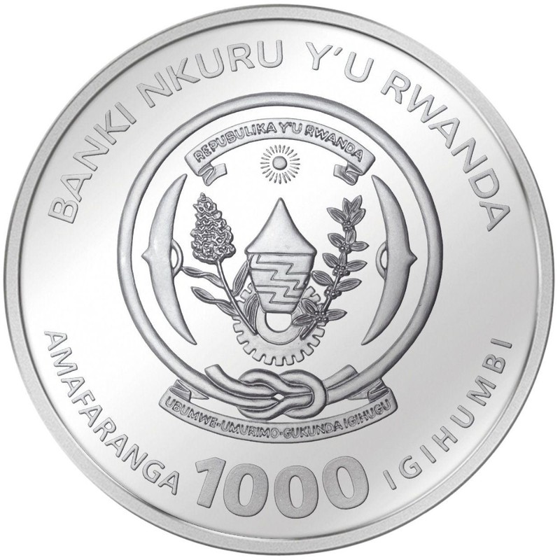 Серебряная монета Руанды "Жираф" 2010 г.в., 93.3 г чистого серебра (Проба 0,999)