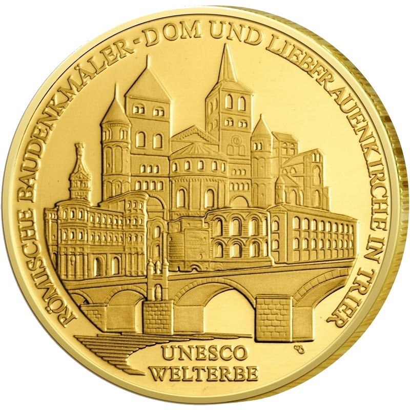 Комиссия: Золотая памятная монета Германии «Всемирное наследие ЮНЕСКО - Трир» 2009 г.в., 15.55 г чистого золота (проба 0.9999)
