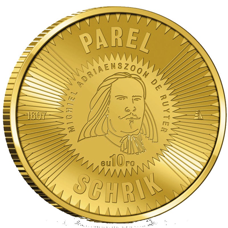 Комиссия: Золотая памятная монета Нидерландов "400 лет со дня рождения Микеля де Рюйтера" 2007 г.в., 6,05 г чистого золота (проба 0,900)
