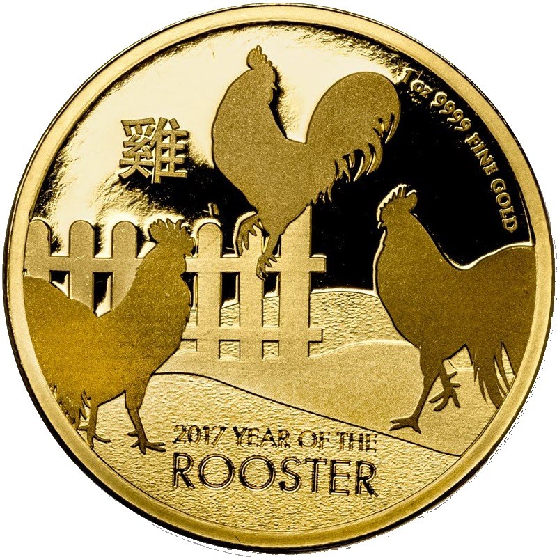 Комиссия: Золотая инвестиционная монета Ниуэ "Год Петуха" 2017 г.в., 31,1 г чистого золота (проба 0,9999)
