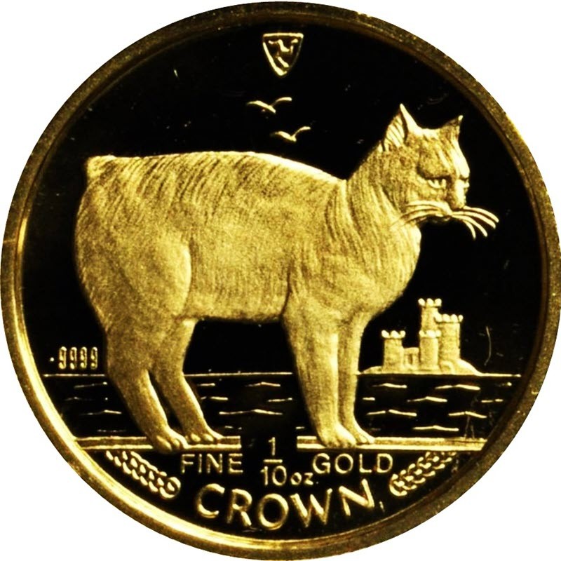 Комиссия: Золотая памятная монета Острова Мэн "Кот породы Мэнкс" 1988 г.в., 31,1 г чистого золота (проба 0,999)
