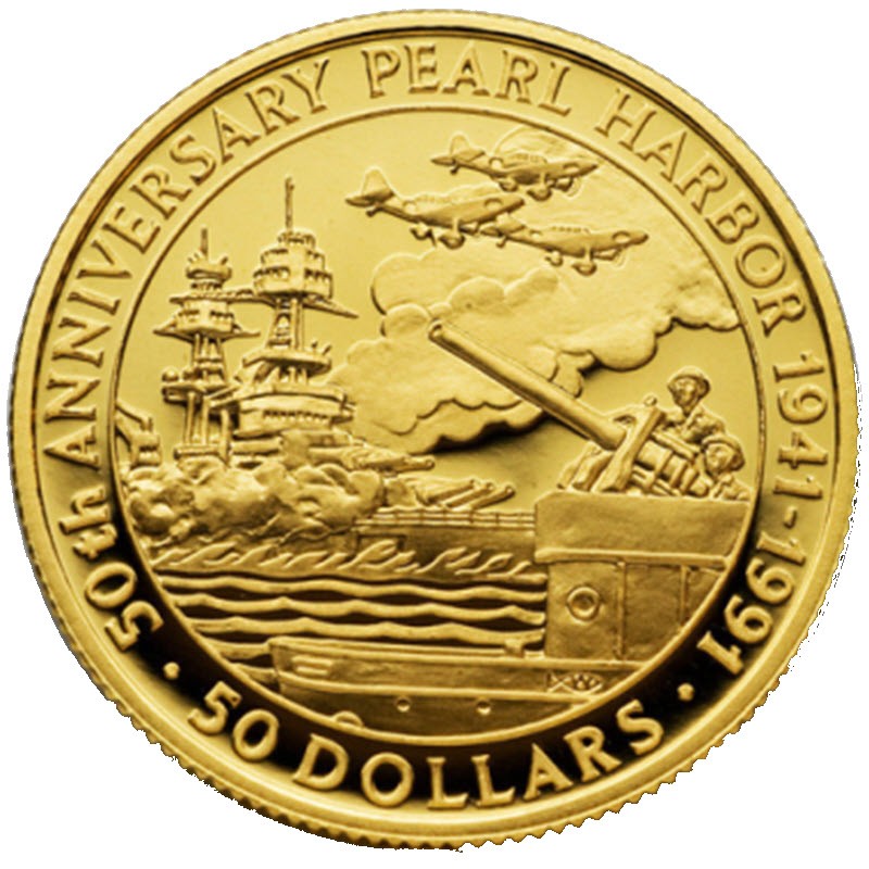 Комиссия: Золотая памятная монета Соломоновых островов "50 лет нападения на Перл-Харбор" 1991 г.в., 15.6 г чистого золота (проба 0,999)
