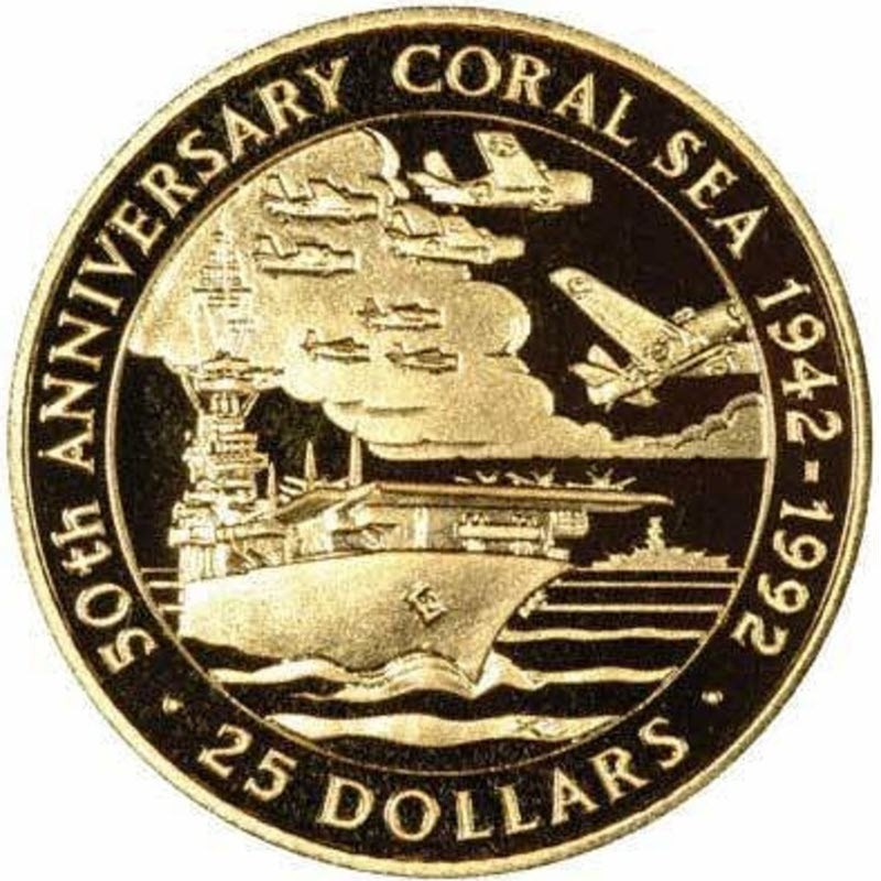 Комиссия: Золотая памятная монета Соломоновых островов "50 лет битвы в Коралловом море" 1992 г.в., 7,8 г чистого золота (проба 0,999)