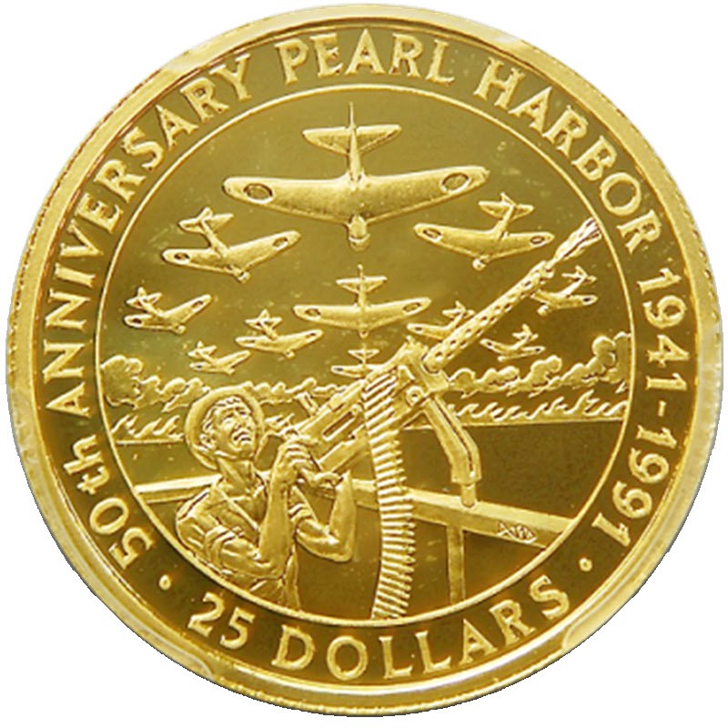 Комиссия: Золотая памятная монета Соломоновых островов "50 лет нападения на Перл-Харбор" 1991 г.в., 7,8 г чистого золота (проба 0,999)