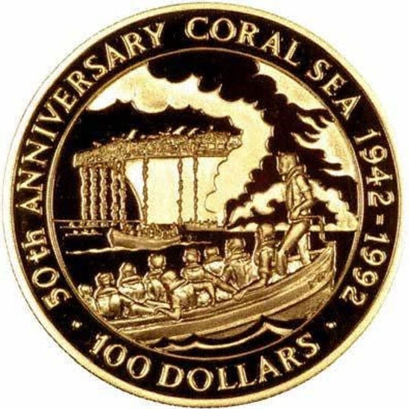 Комиссия: Золотая памятная Соломоновых островов "50 лет битвы в Коралловом море" 1992 г.в., 31,2 г чистого золота (проба 0,999)