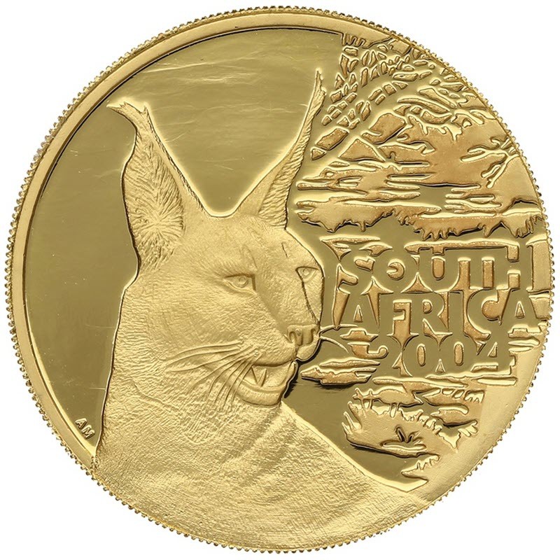 Комиссия: Золотая памятная монета ЮАР «Природа - Каракал» 2004 г.в., 31,1 г чистого золота (проба 0,9999)