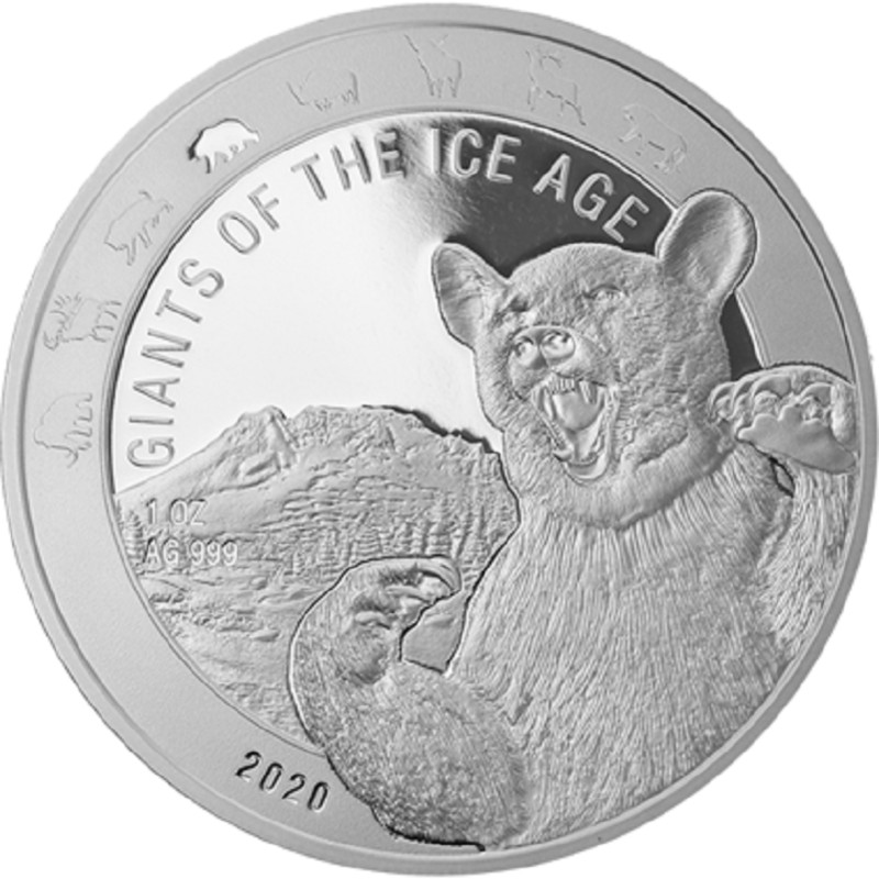 Серебряная монета Ганы "Пещерный медведь" 2020 г.в., 31.1 г чистого серебра (Проба 0,999)