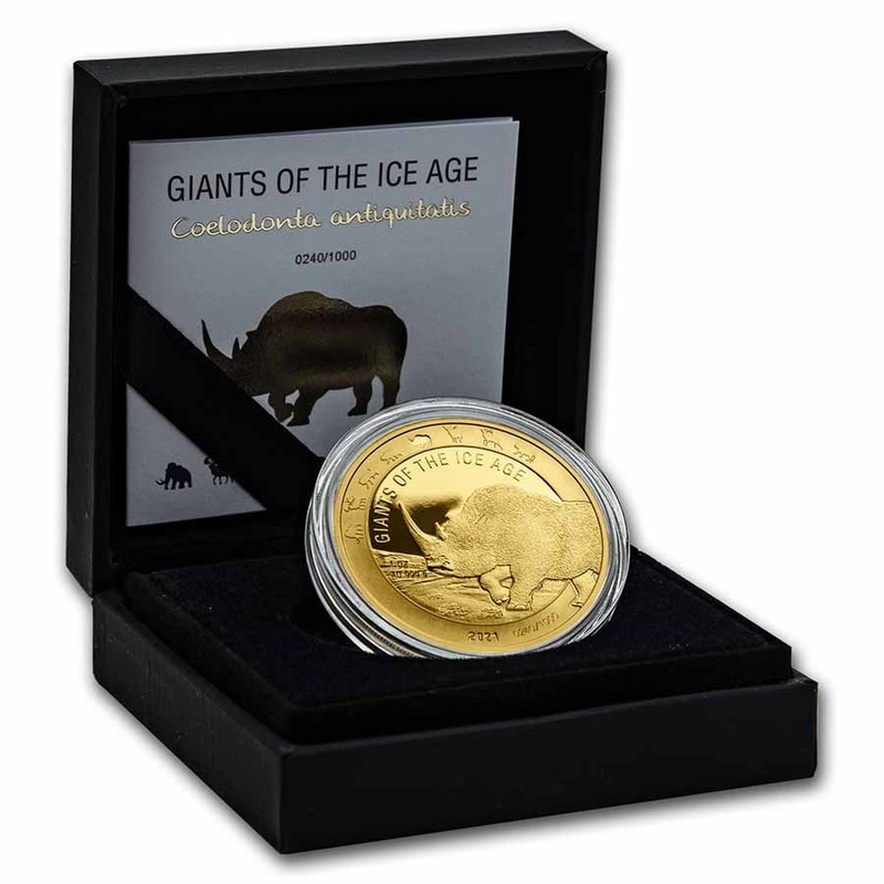 Золотая монета Ганы "Шерстистый носорог" 2021 г.в. (пруф), 31.1 г чистого золота (Проба 0,9999)