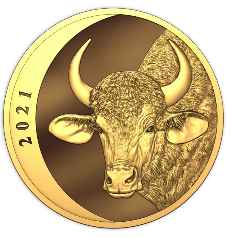 Золотой жетон "Год Быка" 2021 г.в., 31.1 г чистого золота (Проба 0,9999)