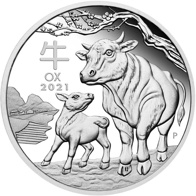 Серебряная монета Австралии "Лунный календарь III - Год Быка" 2021 г.в., 31.1 г чистого серебра (Проба 0,9999)