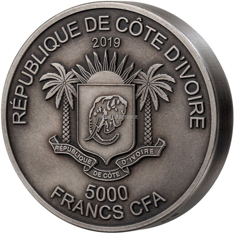 Серебряная монета Кот-д´Ивуара "Большая пятерка - Носорог" 2019 г.в., 155.5 г чистого серебра (Проба 0,999)